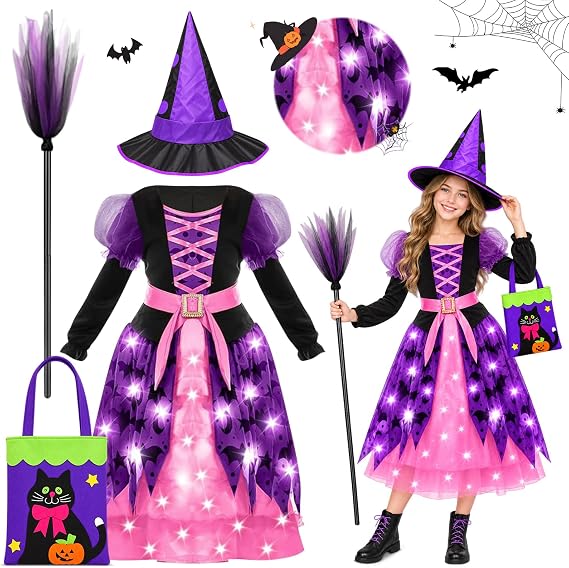Witch Costume Kids:Light Up Witch Halloween Costume Kids for Girl Aged 6-13