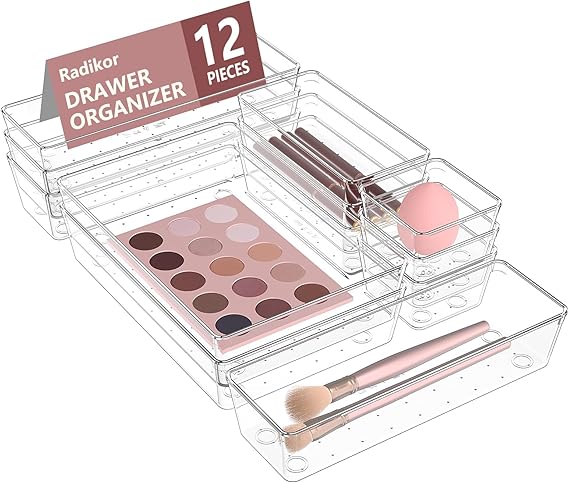 Radikor 12pcs Drawer Organisers Set, Clear Makeup Drawer Organiser Trays Plastic, 4-Size Desk Drawer Inserts Dividers, Acrylic Storage Bins for Makeup, Cosmetic, Officce, Bathroom, Gadgets