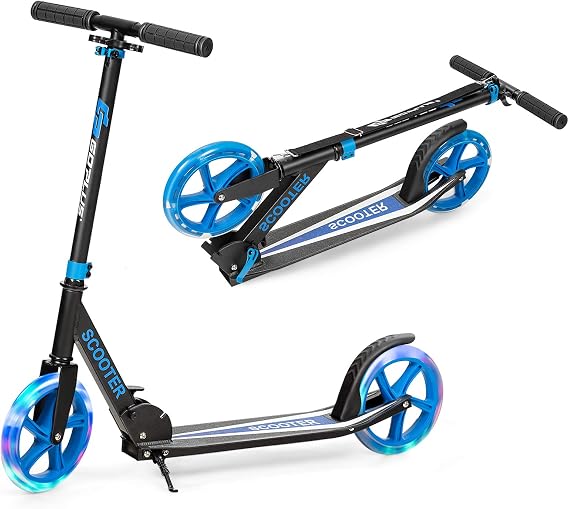 COSTWAY Folding Kick Scooter, 2 Flash Wheels Scooter with 3-Level Adjustable Handlebar and Rear Foot Brake, Lightweight Aluminum Sports Scooters for Kids Teens Adults