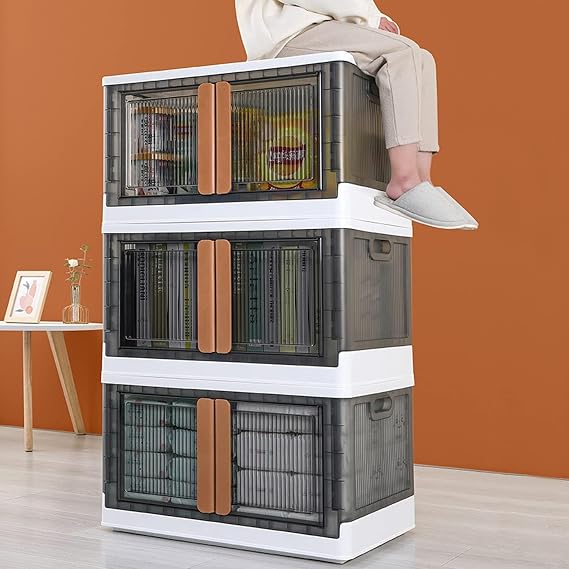 Stackable Storage Boxes - Plastic Containers with Lids, Collapsible Wardrobe Storage Organiser, Toy Storage Unit for bedroom, camping, classroom storage (coral orange, 45l)
