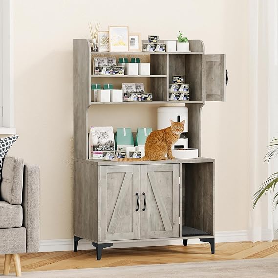 Cat Litter Box Enclosure with 4 Shelves and Storage Cabinet, 51.1 inch Tall Wood Hidden Litter Box Furniture with Scratch Pad, Indoor Cat House Washroom Furniture for Kitties, Gray with Litter Mat