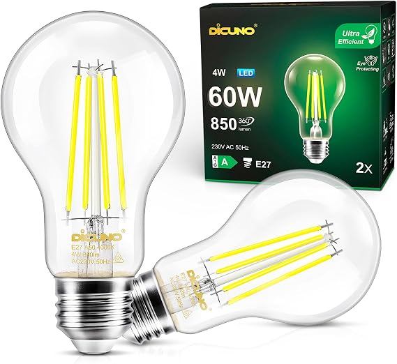 DiCUNO E27 LED Screw Bulb A Class 4W=60W Natural White 4000K 850LM 2Pcs [Energy Class A]