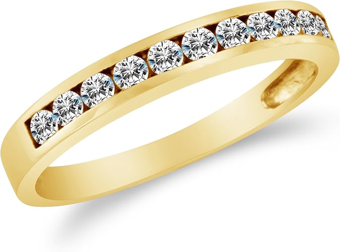 2.5mm Solid 14k White OR Yellow Gold Round Cut Channel Set CZ Cubic Zirconia Classic Traditional Womens Ladies Wedding Band Ring (1/2 cttw.), Zirconia,14k Yellow Gold, Cubic Zirconia