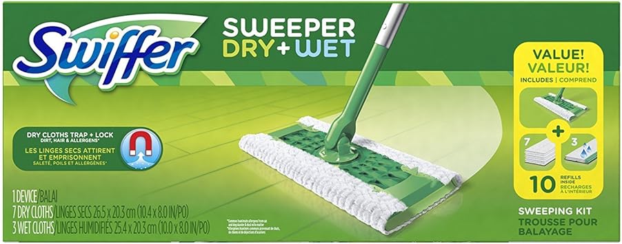 Swiffer Sweeper Cleaner Dry and Wet Mop Starter Kit with Refills, Hardwood Floor Cleaning, Includes 1 Mop, 7 Dry Refill Cloths, 3 Wet Pads