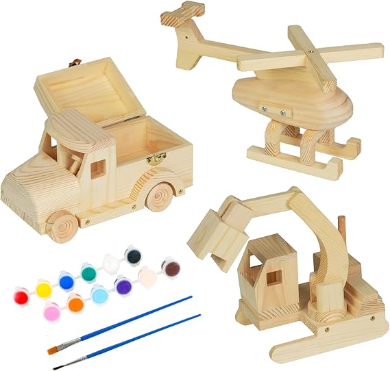 簡単プレイハウス:木製組み立ておもちゃキット - Diy 3車両プロジェクト:ヘリコプター、トラック&ショベル、ペイントカラー12色&ブラシ2本、アート&クラフトセット、キッズ8歳以上