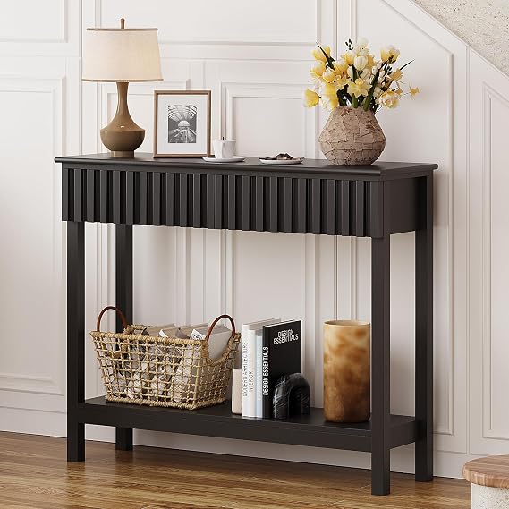 Trironsun Narrow Fluted Console Table with 2 Drawers and Open Shelf Modern Painted Wood Sofa Table for Hallway, Living Room or Behind Couch (Black)