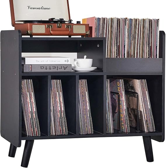 Record Player Stand, Large Record Player Table Cabinet with Open Vinyl Storage and Display Shelf Holds up to 350 Albums, Mid Century Wood Turntable for Living Room, Bedroom, (Black)