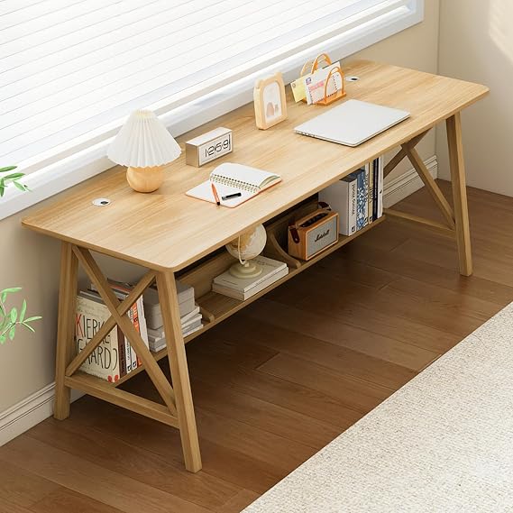 NELYE Extra Long Writing Desk with Bookshelf, 63" Wx20 Dx30 H, Oak