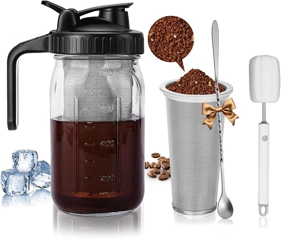 800ml Cold Brew Coffee Maker with Stainless Steel Filter, 1 Quart Heavy Duty Iced Coffee Maker Pour Spout Handle Lid, Cleaning Brush and Spoon, for Iced Coffee, Fruit Drinks(Black)