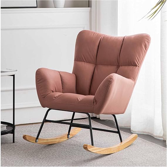 Rocking Chair Nursery, Modern Fabric Upholstered Reading Glider Rocker Accent Armchair with High Backrest, Padded Seat for Livingroom, Bedroom, Baby Room,pink