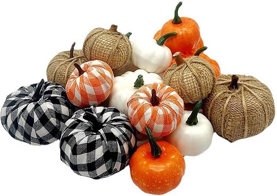 16PCS Fall Decor Artificial Pumpkins, Burlap Faux Foam Pumpkin