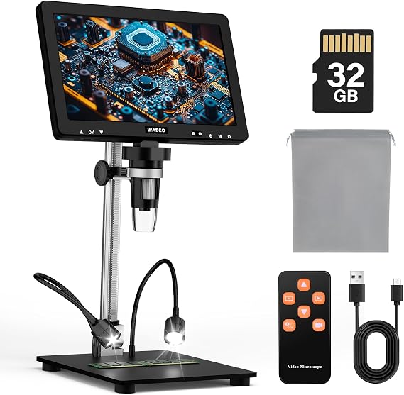 WADEO Digital Microscope, [10.1'' LCD Screen] [1200X - 1080P], Type-C, 32GB Card, 8 LED Super Lights Soldering Microscope for Electronics Repair, Coin Microscope, Teenager Education