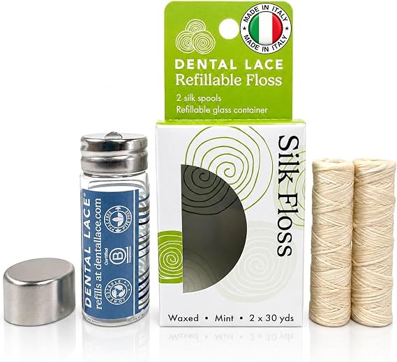 Dental Lace Refillable Silk Dental Floss, Mint, Waxed, PFAS Free, 60 yds
