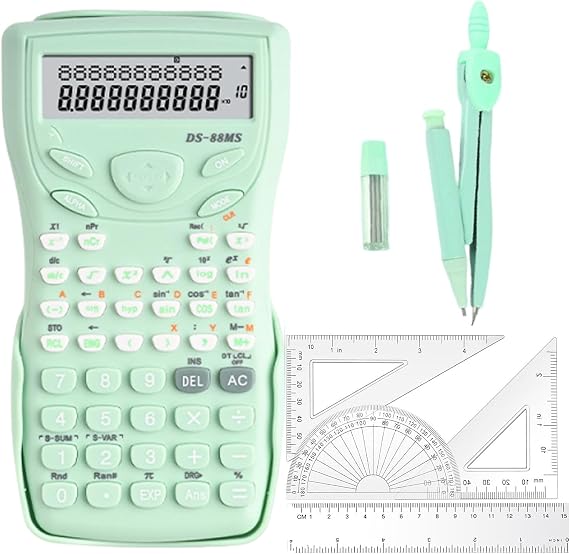 Scientific Calculators Maths Set Protractor and Compass - Set for Geometry with Rulers and Two Set Squares and Scientific Calculators,240 Functions 2 Line 10+2 Digits,Desk Math for School(Green)