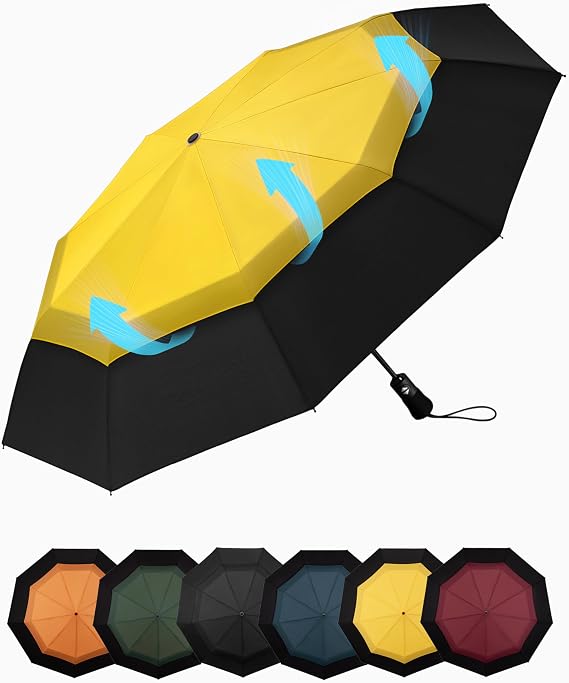 Compact Travel Umbrella Windproof Strong- Automatic Folding Umbrellas for Wind and Rain, Double Vented Canopy 210T Fabric 102cm Span - Portable Umbrella for Men and Women