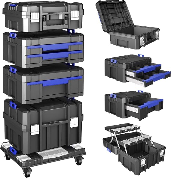 AIRAJ 5 Tier Tool Box on Wheels, Modular Stackable Tool Box with Drawers
