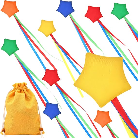 10 Pcs Star Bean Bags Toss for Kids Throwing Colorful Cornhole Small Bean Bag with Ribbons 1 Carry Bag for Indoor Outdoor Tossing Game Carnival Toy Party Supplies