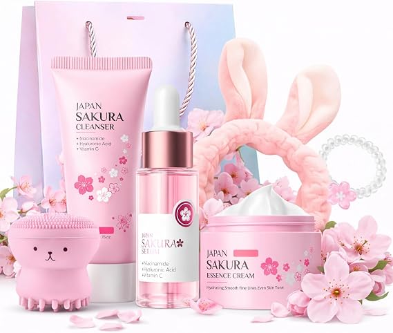 Sakura Skincare Set Gifts for Teenage Girls, Pamper Gifts for Women | 7PC Gentle Cleanser, Serum, Cream with Hair Tie, Brush & Headband | Pamper Set for Teen,Women,Mom | Birthday, Travel Skincare Set