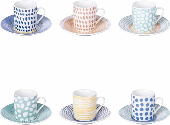 Villa d'Este Home Tivoli 1996 Marea Set of 6 Cups 90 ml with Saucer Porcelain