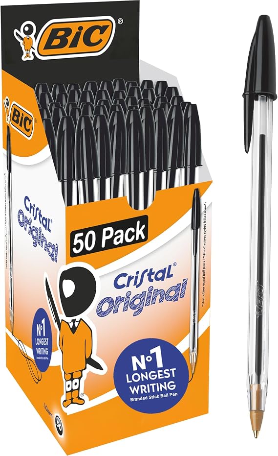 BIC Cristal Original Black Ink Biro Ballpoint Pens, 1mm Tip, Box of 50