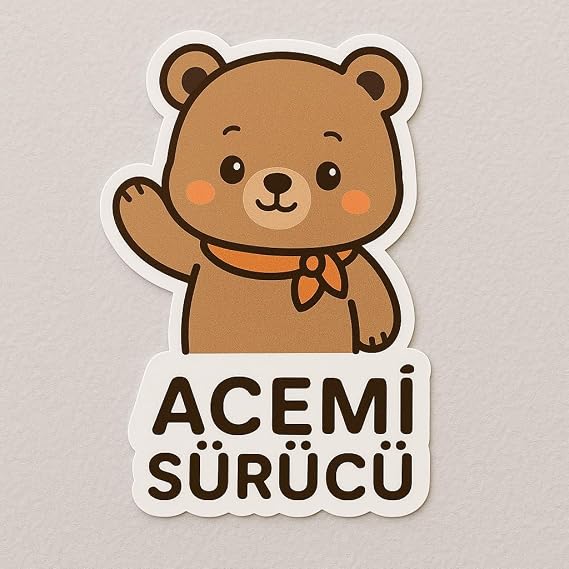 Acemi Sürücü Sevimli Kahverengi Ayı Sticker, Dekoratif Araba Çıkartması, Beyaz Çerçeveli, Vinil Malzeme