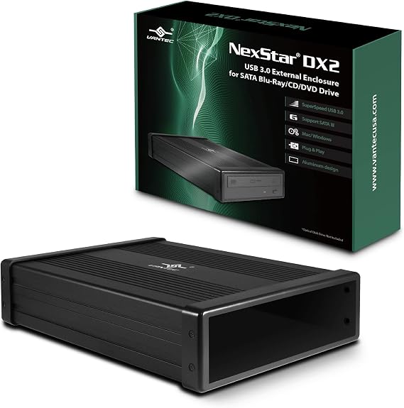Vantec NexStar DX2 USB 3.0 External Enclosure Design for 5.25" Blu-Ray/CD/DVD SATA Drive, Second Generation of DX, No Drivers Needed, Aluminum Alloy (NST-540S3-BK)