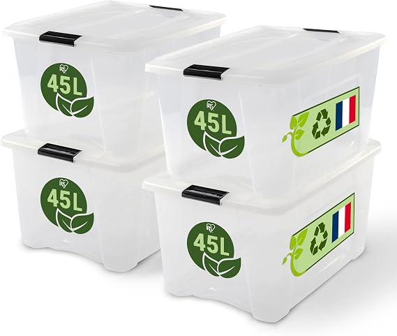 Iris Ohyama, Plastic Storage Box with Lid, 45L, Pack of 4, Transparent, Locking Clips, Handle, Stackable, Solid and Durable Organization, for Bedroom, Dressing Room, Office, BSB-45