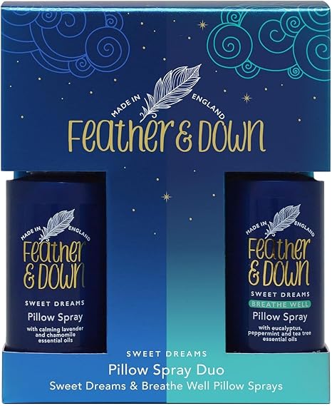 Feather & Down Pillow Spray Duo Gift Set (50 ml Pillow Spray Sweet Dream & 50 ml Pillow Spray Breathe Well) - The Perfect Combination for a Restful Night's Sleep Cruelty Free Vegan.
