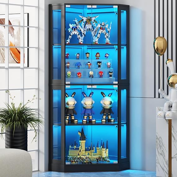 Gyfimoie Corner Display Cabinet with Multi-Color LED Lights, Modern Curio Cabinet with Glass Doors, 4 Tier Glass Display Case for Toys, Books & Other Collectibles