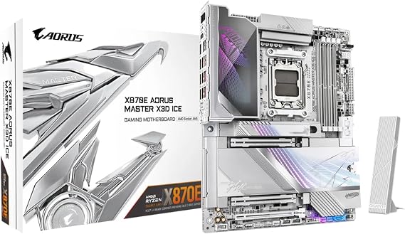 GIGABYTE X870E AORUS Master X3D ICE AMD AM5 LGA 1718 ATX Motherboard, Ryzen 9000/8000/7000, DDR5, 18+2 Power Phase, 5X M.2, PCIe 5.0, WiFi 7, 10GbE