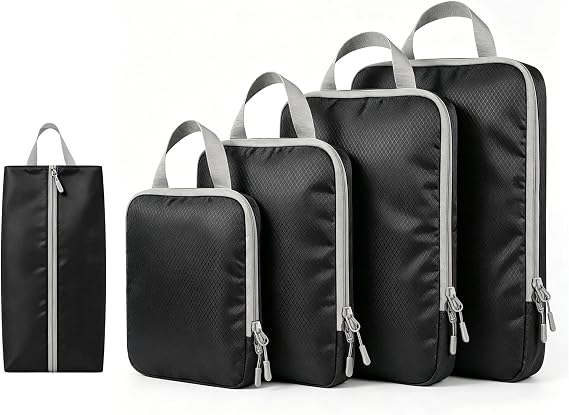 Compression Packing Cubes for Suitcases, Ultralight 5 Set Packing Cubes for Backpack Waterproof Travel cubes Suitcase Organizer Bags Set for Luggage Travel Essentials (Black)