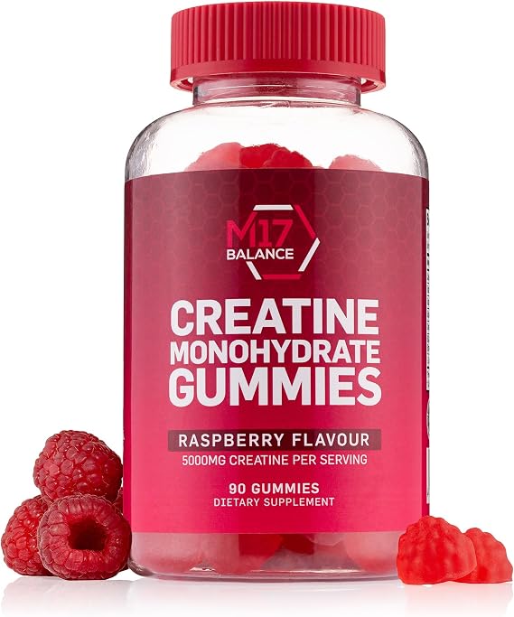 Creatine Monohydrate Gummy Bears - 5000 mg Creatine with BCAAs & L-Carnitine per Dose - for Muscle Building - Sugar Free, Anti-Melt Formula, Vegan, Gluten Free - 30 Servings (90 Count, Raspberry)