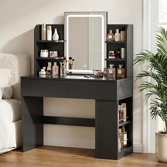 JUMMICO Black Dressing Table,3 Color LED Mirror,Adjustable Brightness