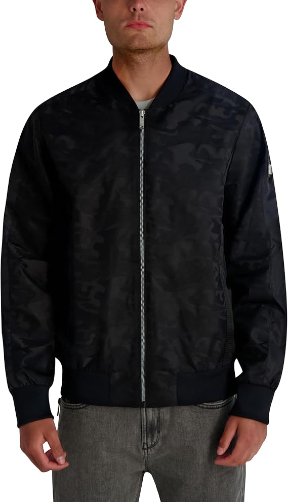 Karl Lagerfeld Paris Men's Camo Bomber Jacket With Rib Knit Trim