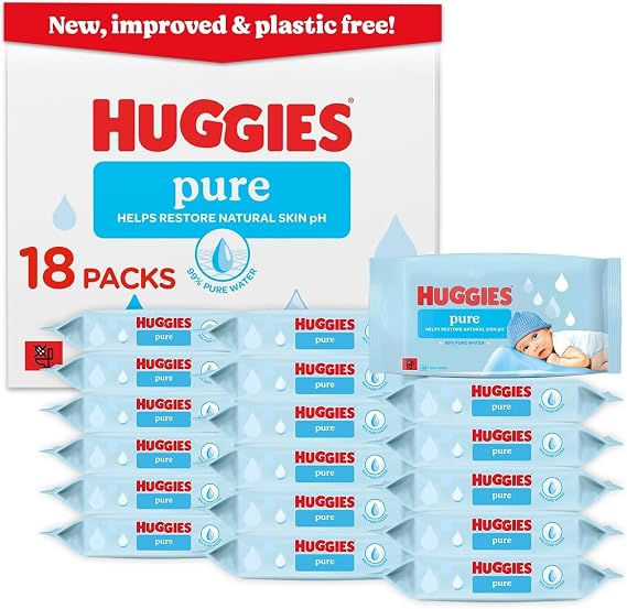 Huggies Pure Plastic Free Baby Wipes - Pack of 18 (864 Wipes) - 99% Water Wet Wipes, Fragrance Free, Hypoallergenic, Better Cleaning, Soft and Gentle on Babies' Delicate Skin