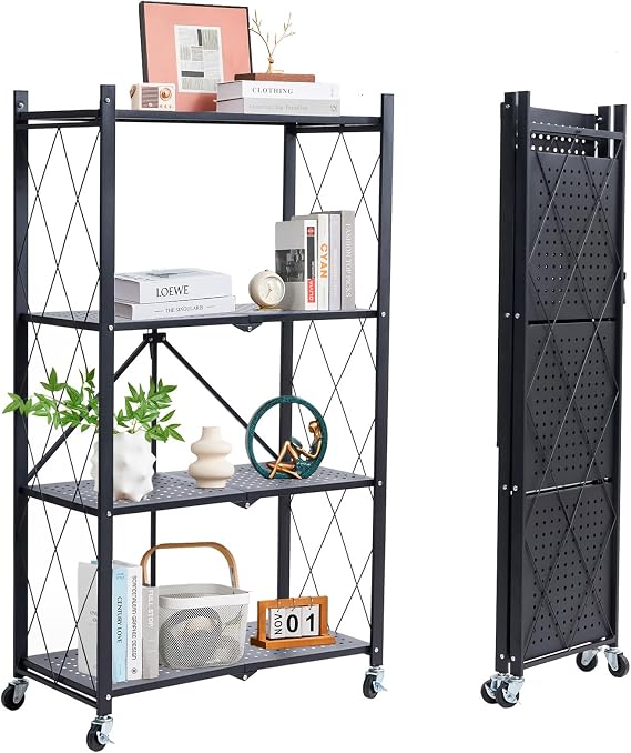 BRIAN & DANY 4-Shelf Foldable Storage Shelves with Wheels, Metal Folding Rack Shelving Unit, Heavy Duty No Assembly Organizer Shelf for Garage, Kitchen, Basement, Pantry, Black