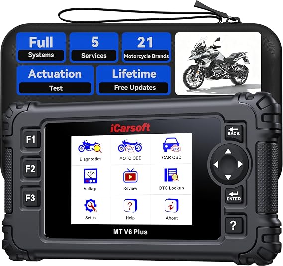 iCarsoft MT V6 Plus Motorcycle Scanner Diagnostic Tool, Motorbike All Systems Bidirectional Code Reader with 5 Reset Services/Active Test/Auto Scan/Live Data, ABS Bleeding, Moto OBD+Car OBD Diagnosis
