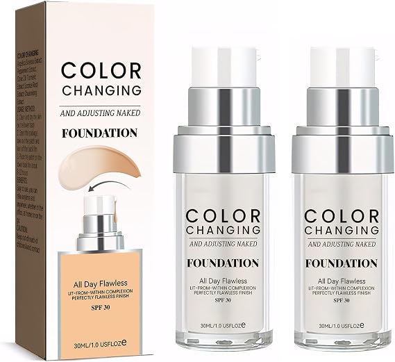 Belligern Color Changing Foundation 2 Pcs, Waterproof, Moisturizing, SPF 15, Semi-Matte, Full Coverage, All Skin Tones, Mature Skin