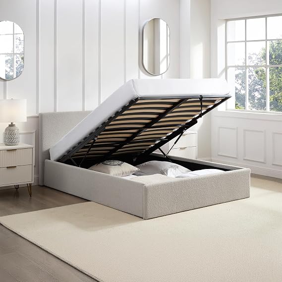 4FT Small Double Gas Lift Up Ottoman Storage Bedframe (H: 88.5cm x W: 138cm x L: 203cm) (Cream Beige)