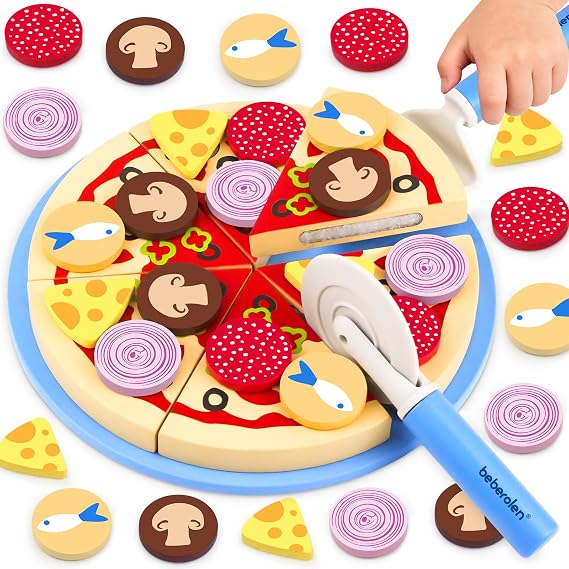 Beberolen Wooden Play Food Cutting Pizza Set, Kids Role Play Kitchen Toy