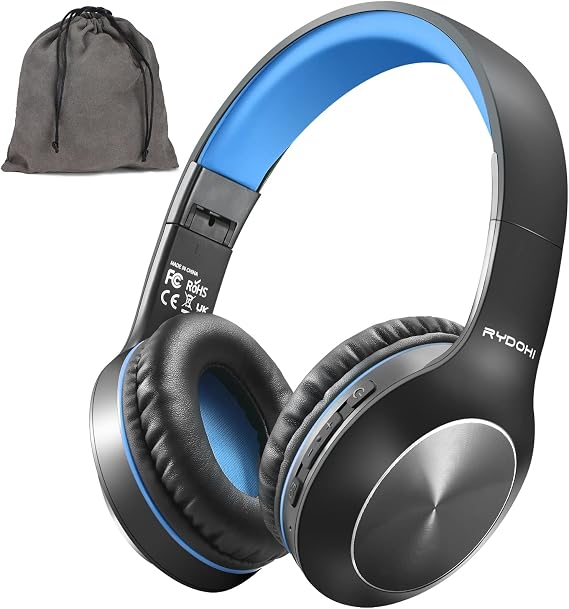 Rydohi Bluetooth Headphones Over Ear, 68H Playtime and 3 EQ Music Modes Wireless Headphones with Microphone/Deep Bass, HiFi Stereo Foldable Lightweight Headset for PC Home Travel Office (BLACK-BLUE)