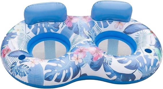Double Pool Floats and 2 Person Lilo Inflatables, Twin PVC Tropical Sun Lounger with Headrests and Cooling Mesh Centre, Water Tanning Bed for Garden Swimming Holiday Relaxation