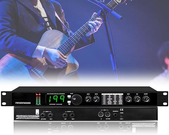 Professional Audio Processor Equalizer, Digital Reverb DSP Processor, with 99 Preset Programs, 199 Sound Effects Memory, Preset/Programmable 24 Bit Signal Processing, for Recording Studio