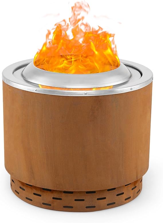 COSTWAY Smokeless Fire Pit, 49 x 43cm Portable Stainless Steel Wood Burning Firepit with Waterproof Cover & Oxygen-enriched Fire Technology, Outdoor Stove Bonfire Firepit Bowl (Brown)