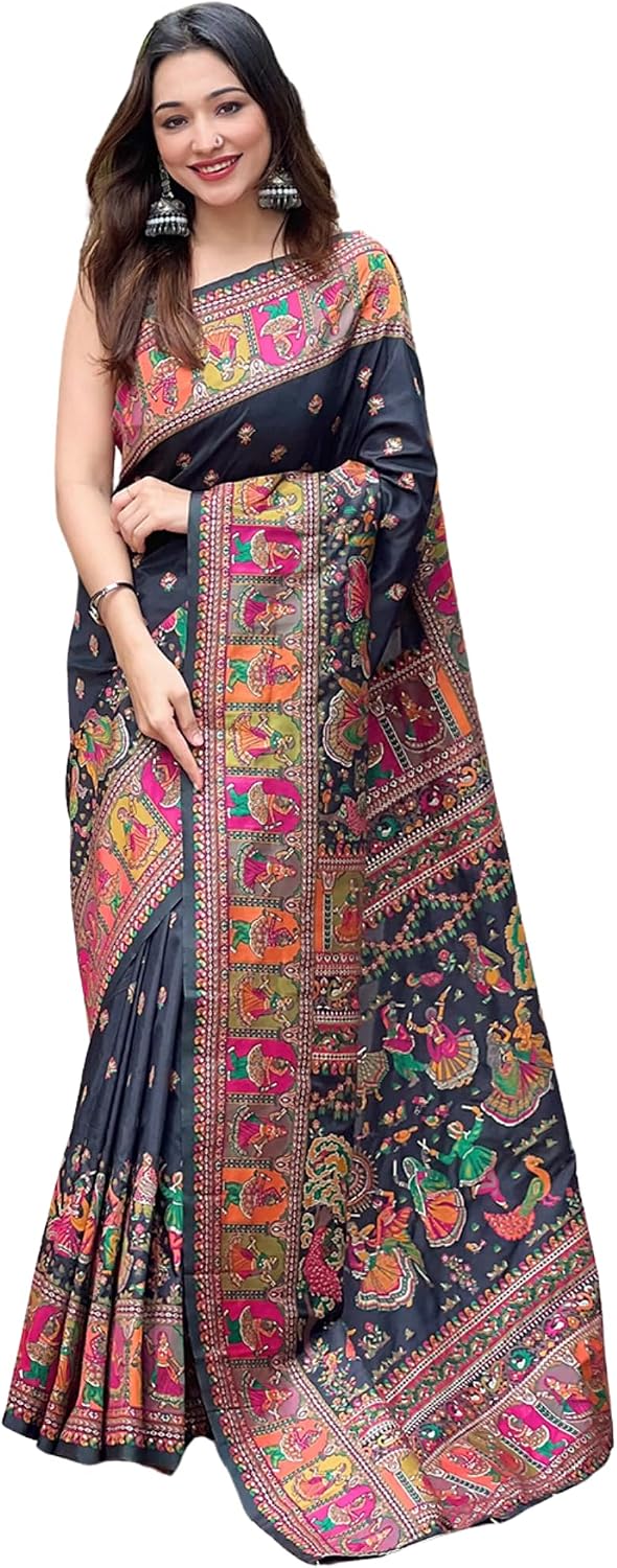 SGF11 Women's Kanjivaram Soft Silk Saree With Blouse Piece Black 6.3metres