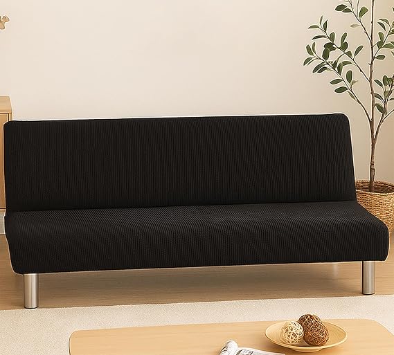 Armless Sofa Bed Cover – Stretch Slipcover for Folding Sofa without Armrests, Washable Protector for 2/3 Seater, Ideal for Homes with Pets or Kids, 14 Colour Options (Black, 190–230cm)