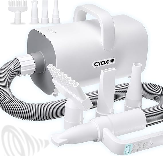 CYCLONE v4® Professional Dog Hair Dryer for Large Dogs | Quiet, Powerful, Heat Speed Adjustable, Low Noise, Pet Dog Grooming Kit Blaster Hairdryer