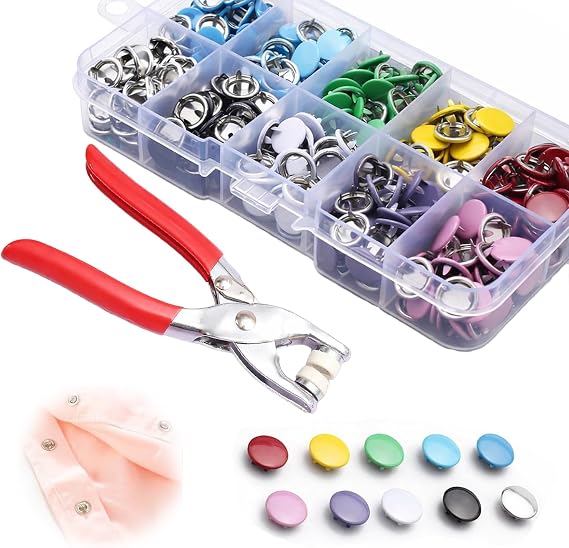 Press Studs Snap Fasteners 100 Sets No Sew Kit with Pliers for Clothing Bags and DIY Crafts, Metal Snap Fastener Kit with Snap Fastener Tool, 9.5mm Poppers Fasteners for Fabric and Leather