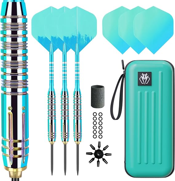 Professional 90% Tungsten Steel Tip Darts Set – Steel Tip Dart, Dart Set, 3 Pro Grip Shafts with Dart Sharpener, Rubber Rings, Flight Protector and Dart Case