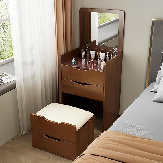 3 in 1 Dressing Table Dressing Table with Flip-top Mirror and LED Lights Dressing table with hidden ottoman Bedside storage cabinet Integrated Makeup Table for Small Spaces walnut Withoutlight23.6in